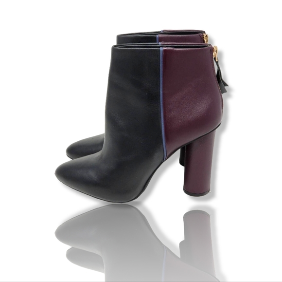 CAbi Leather Colorblock Black & Wine Heeled Platform Booties, 7 - Picture 5 of 7